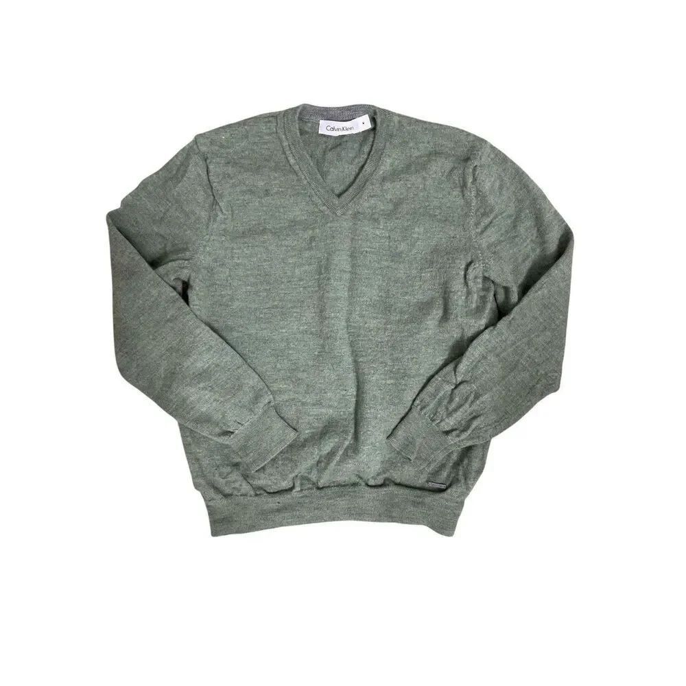 Calvin Klein Extra Fine Merino Wool V Neck Sweater Green Mens Medium